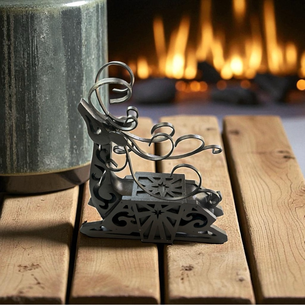 Black Wooden Reindeer With Metal Horns
